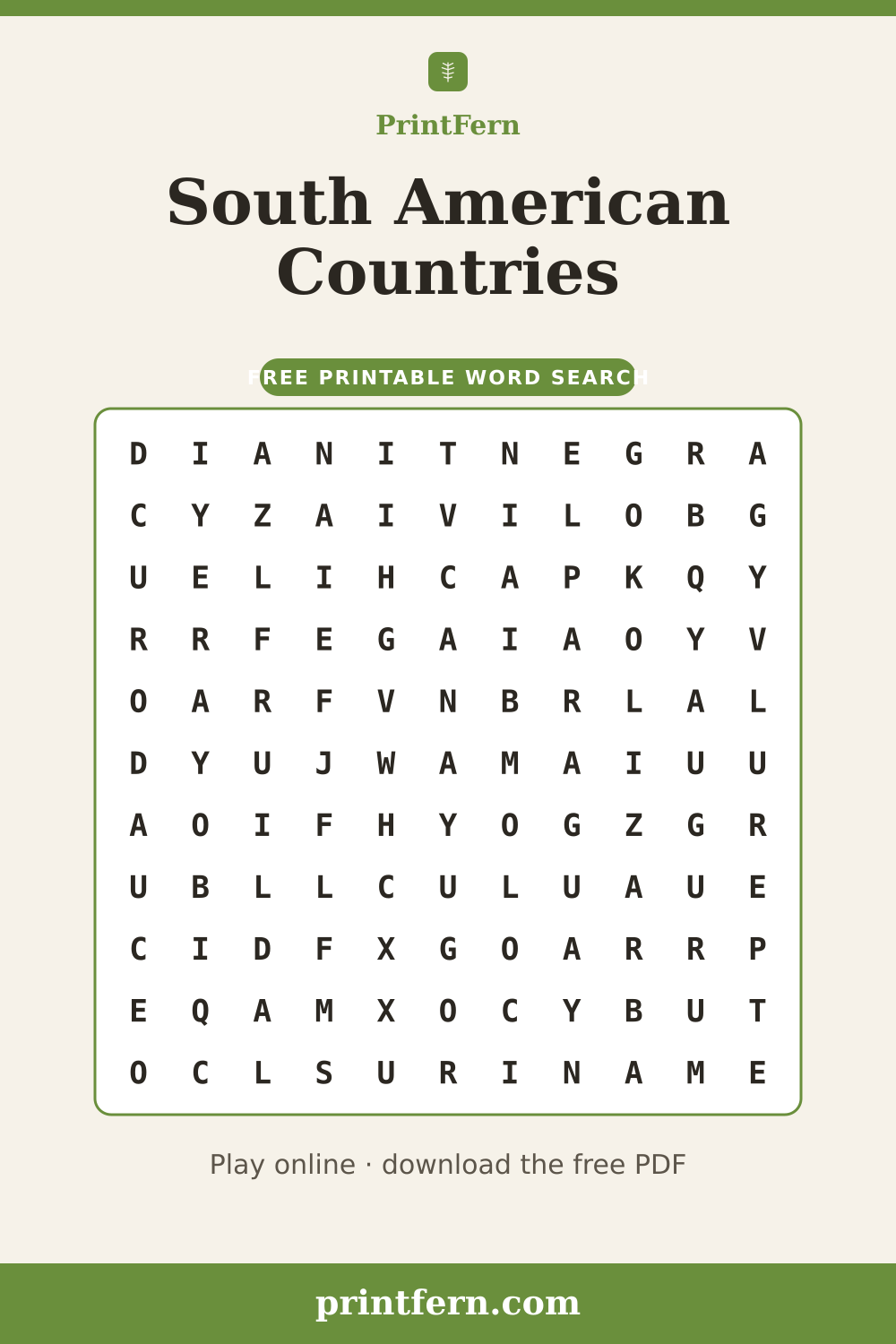 South American Countries Word Search, free printable PDF preview
