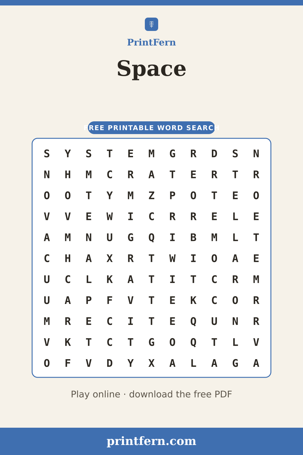 Space Word Search, free printable PDF preview