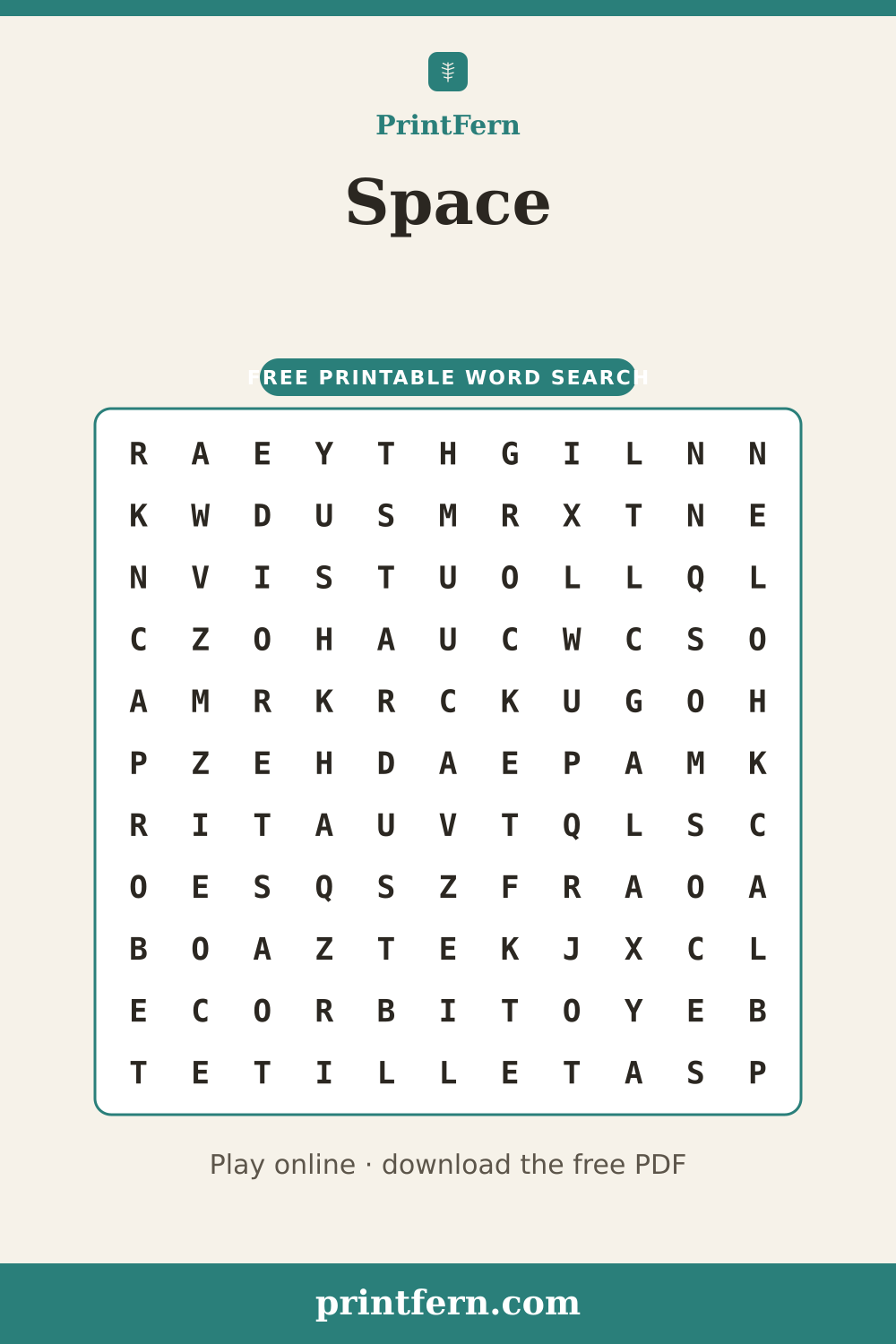 Space Word Search, free printable PDF preview