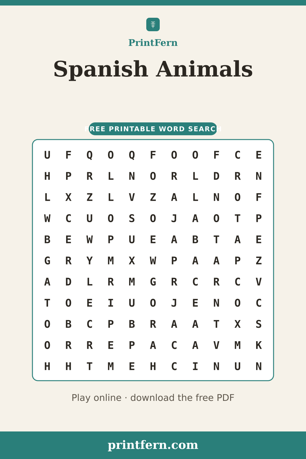 Spanish Animals Word Search, free printable PDF preview