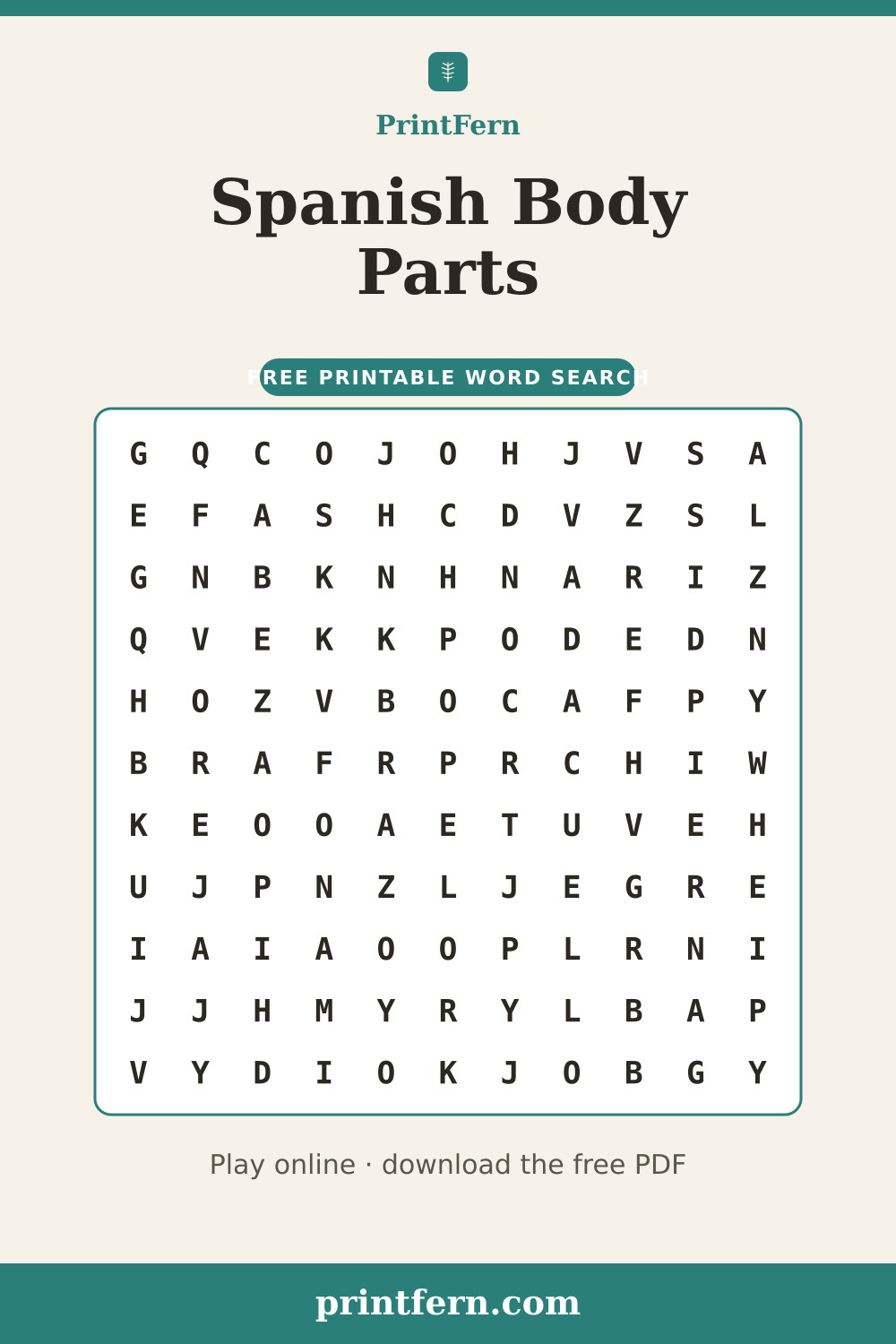 Spanish Body Parts Word Search, free printable PDF preview