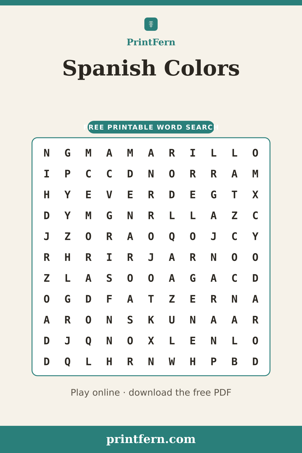 Spanish Colors Word Search, free printable PDF preview