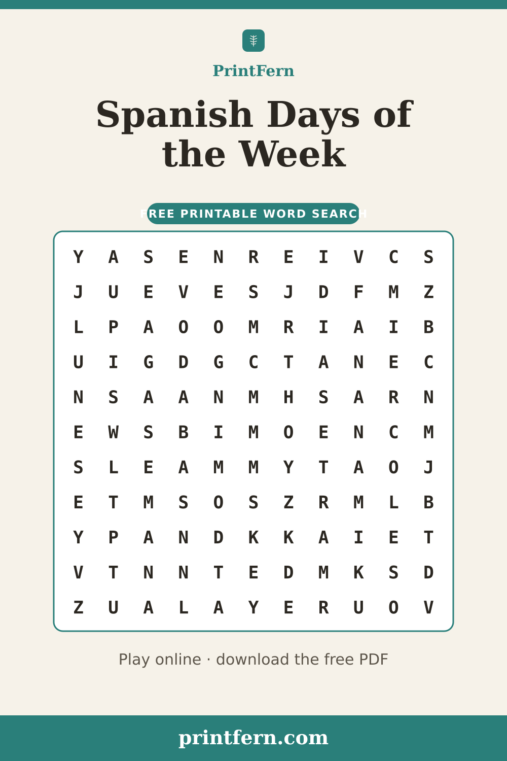 Spanish Days of the Week Word Search, free printable PDF preview