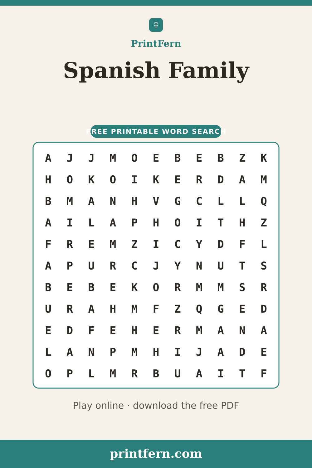Spanish Family Word Search, free printable PDF preview