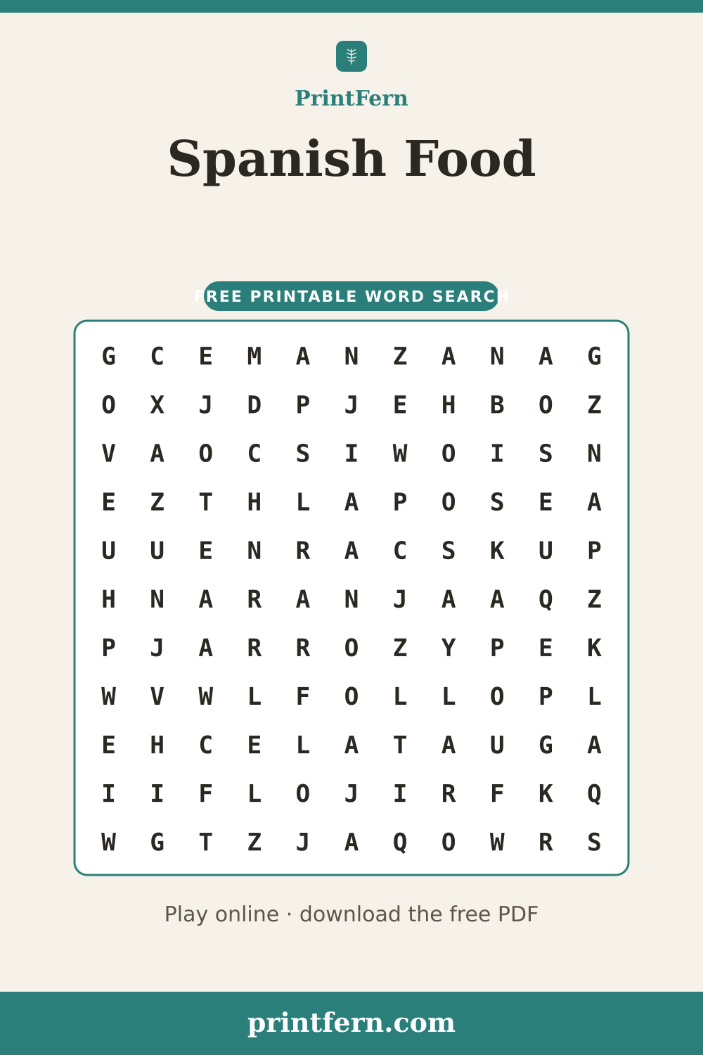 Spanish Food Word Search, free printable PDF preview