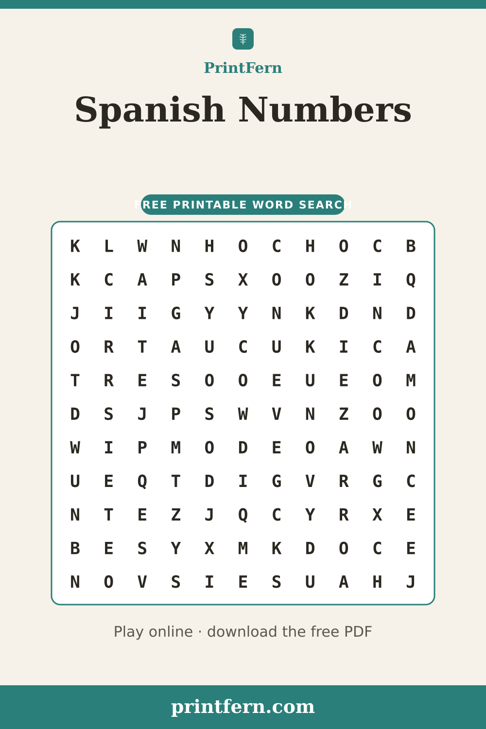 Spanish Numbers Word Search, free printable PDF preview