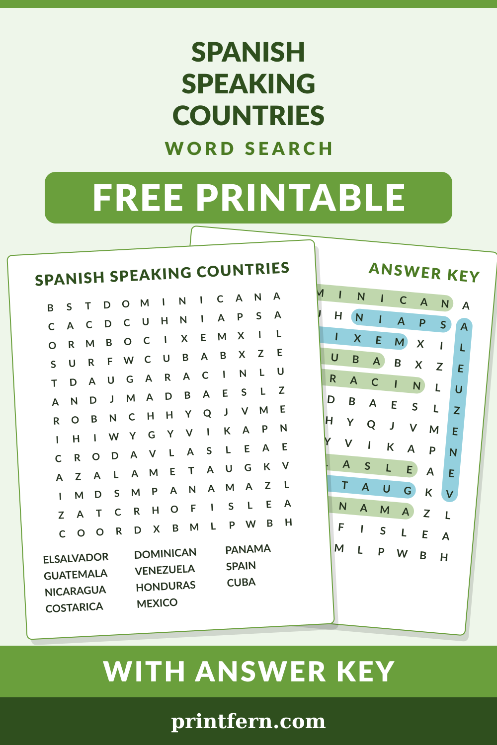 Spanish Speaking Countries Word Search, free printable PDF preview