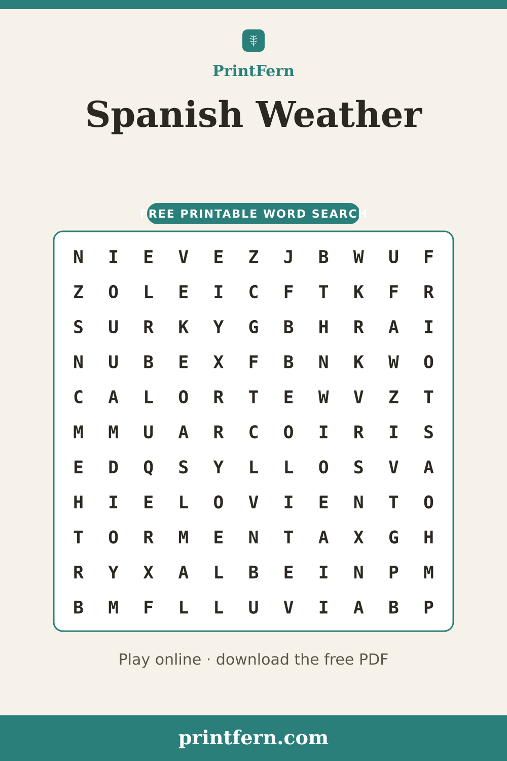 Spanish Weather Word Search, free printable PDF preview