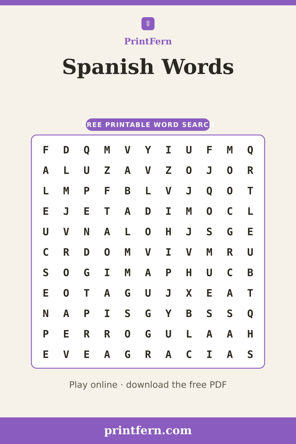 Spanish Words Word Search, free printable PDF preview