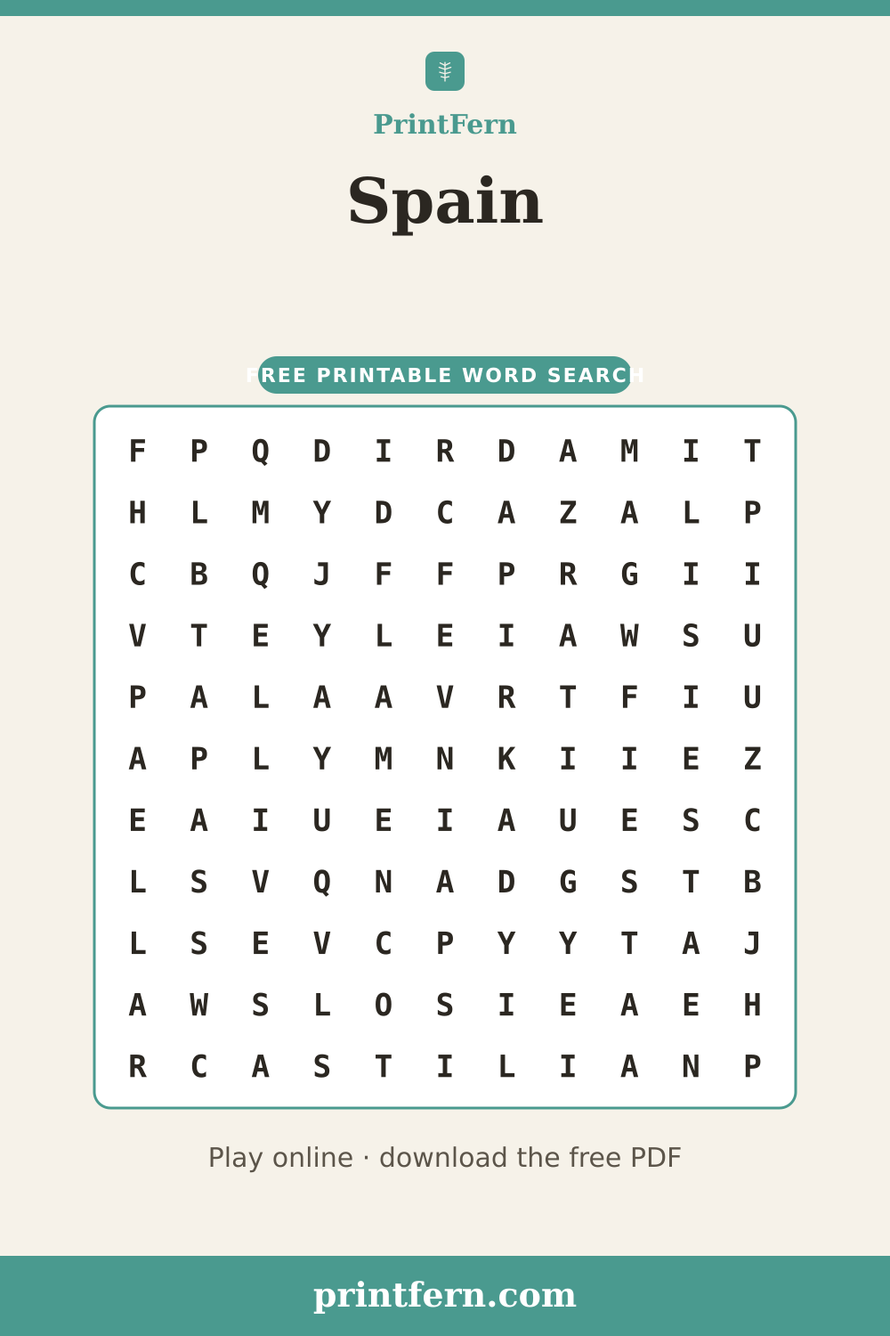 Spain Word Search, free printable PDF preview