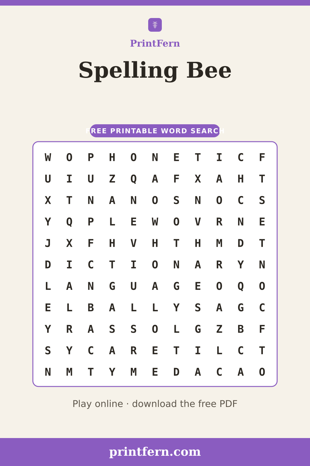 Spelling Bee Word Search, free printable PDF preview