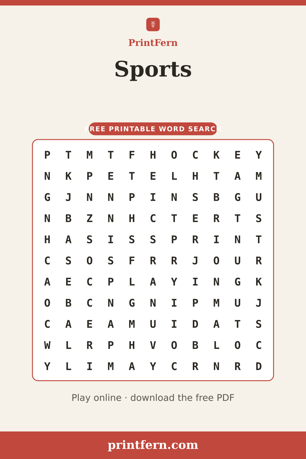 Sports Word Search, free printable PDF preview