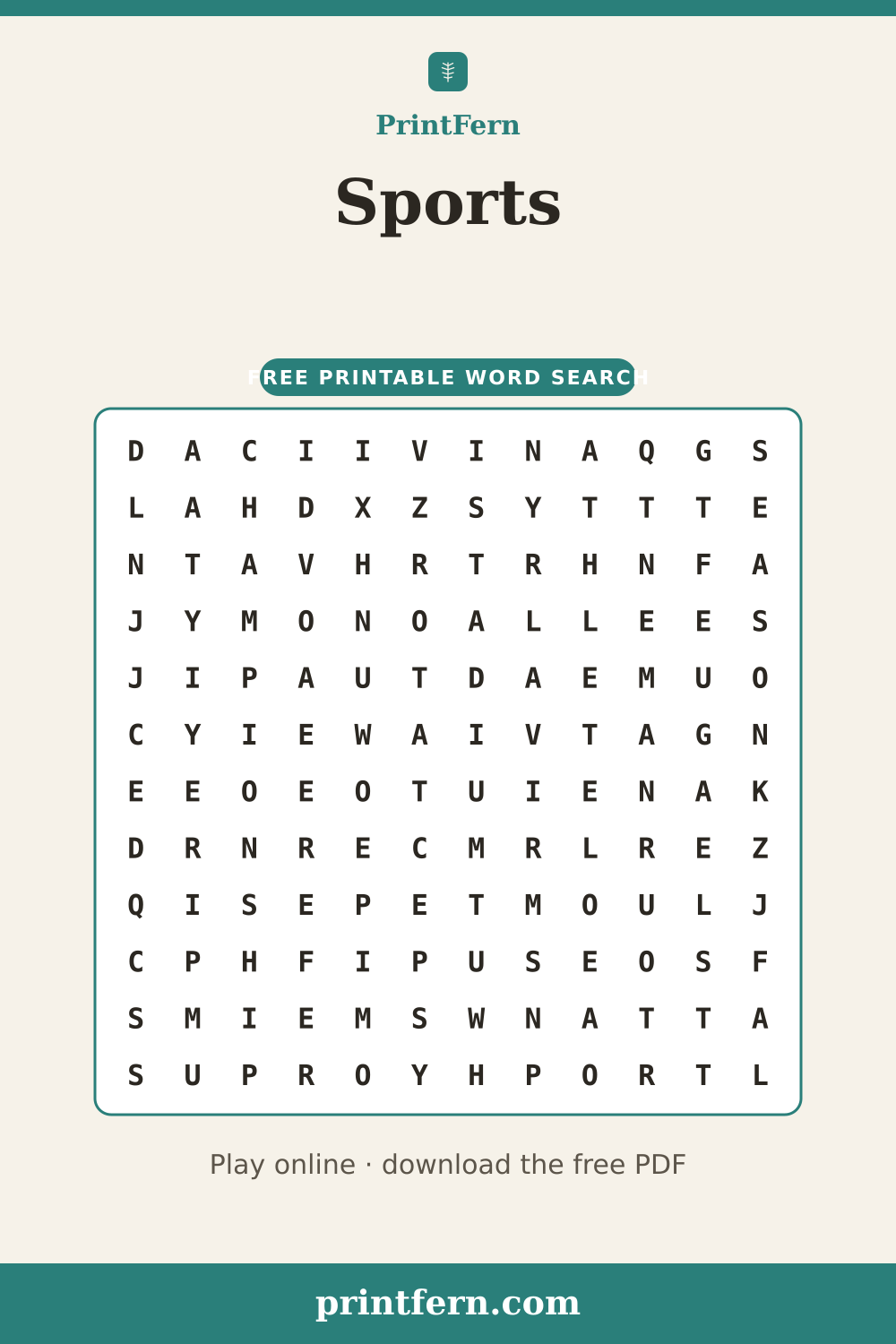 Sports Word Search, free printable PDF preview