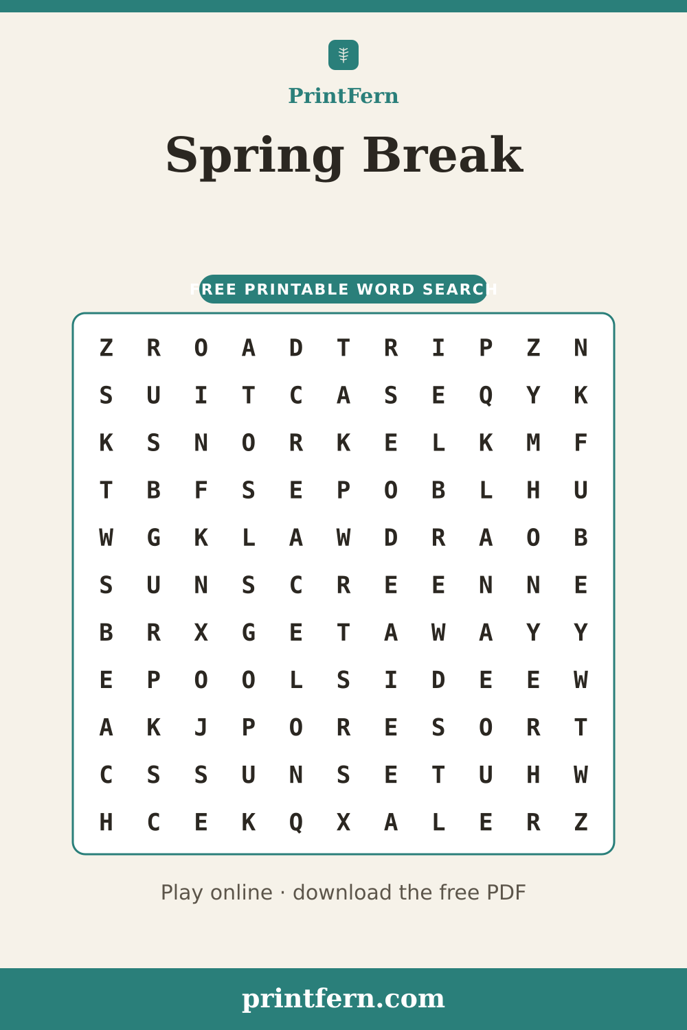 Spring Break Word Search, free printable PDF preview