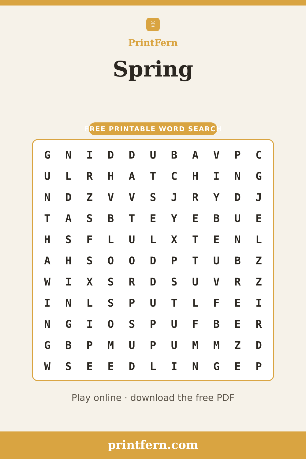 Spring Word Search, free printable PDF preview