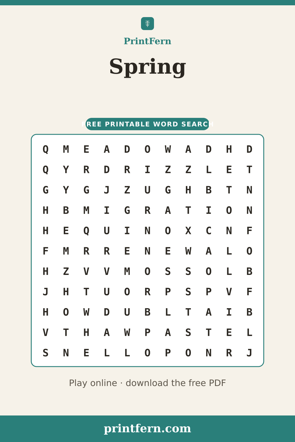 Spring Word Search, free printable PDF preview