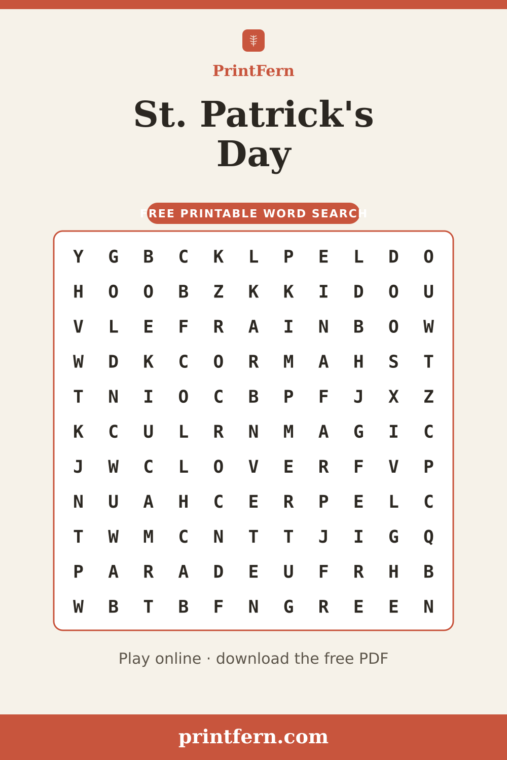 St. Patrick's Day Word Search, free printable PDF preview