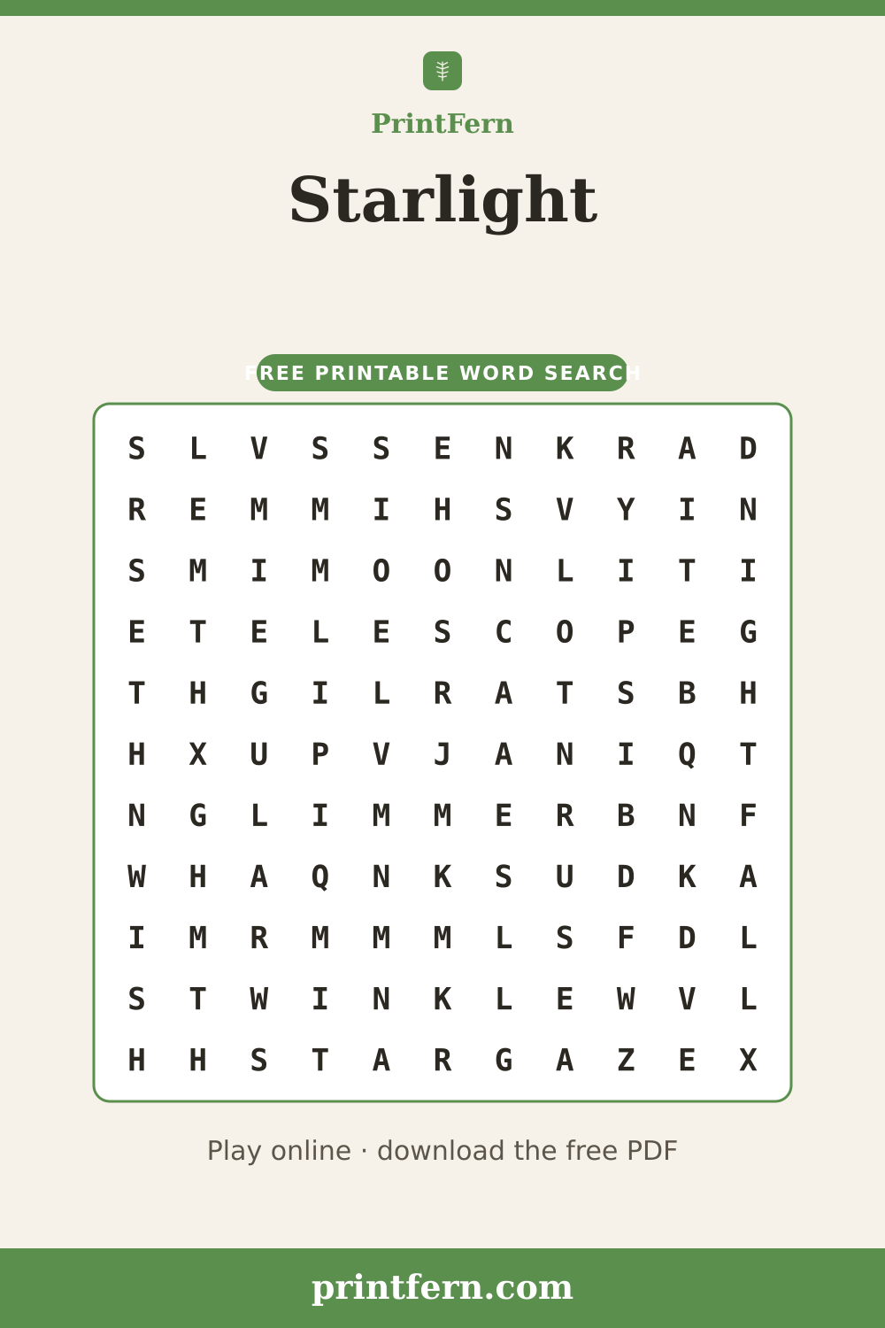 Starlight Word Search, free printable PDF preview