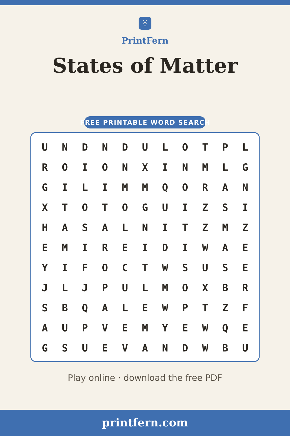 States of Matter Word Search, free printable PDF preview