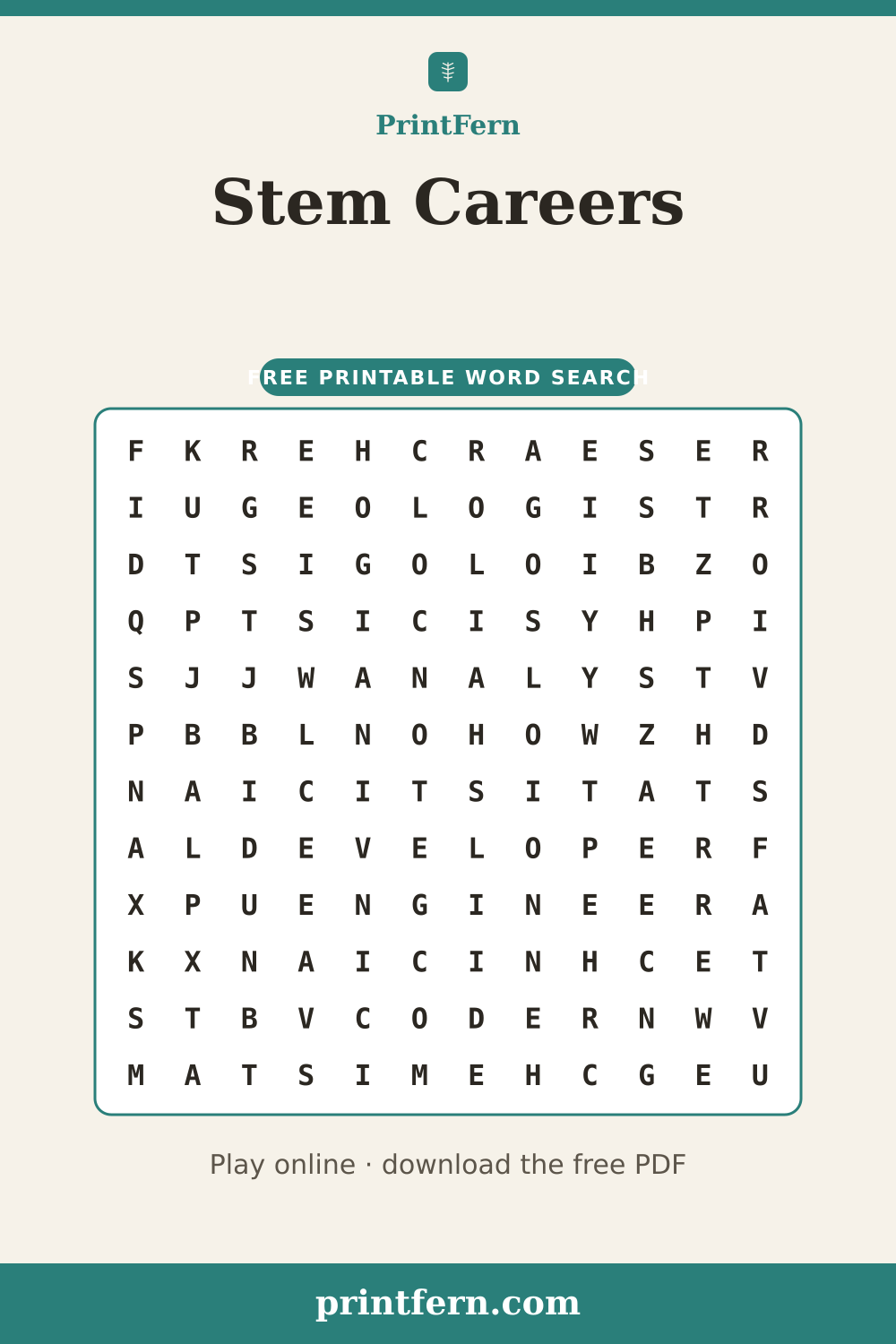 Stem Careers Word Search, free printable PDF preview