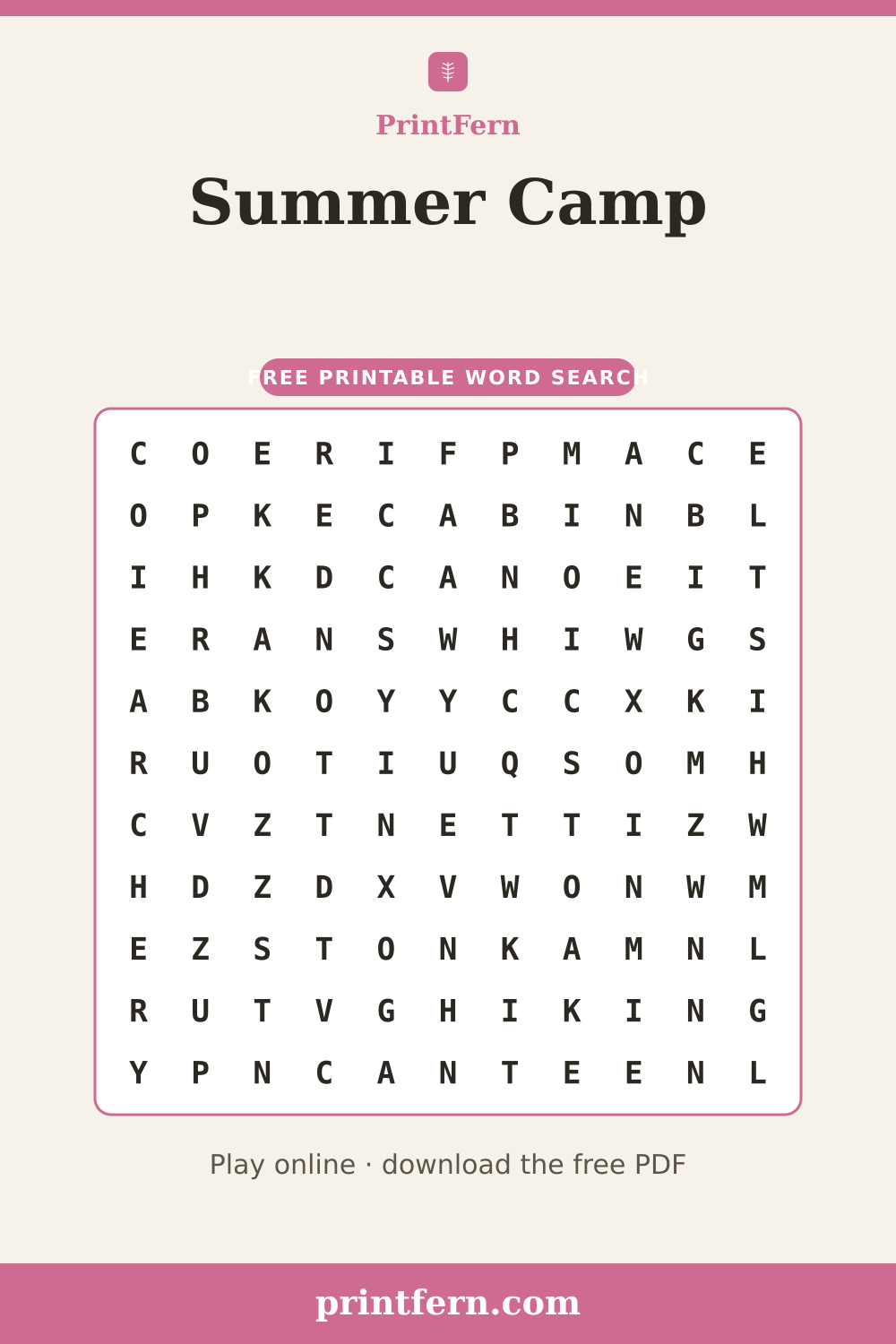 Summer Camp Word Search, free printable PDF preview