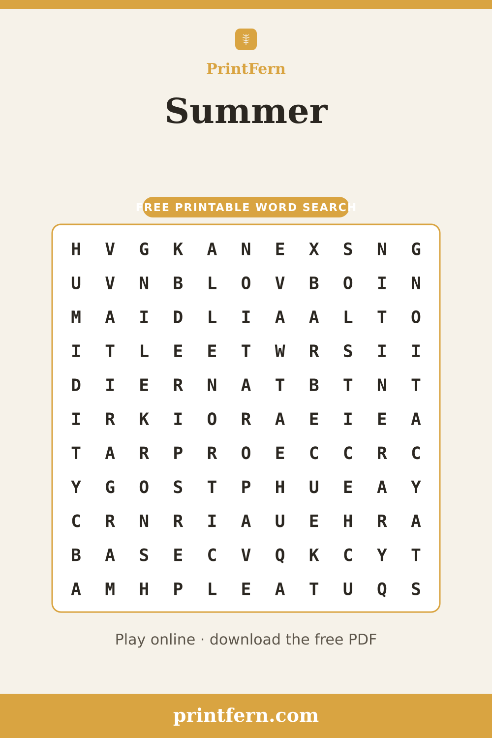 Summer Word Search, free printable PDF preview