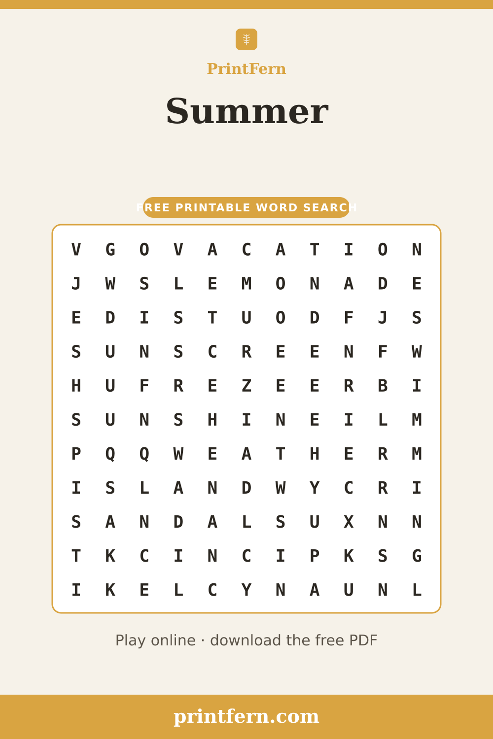 Summer Word Search, free printable PDF preview