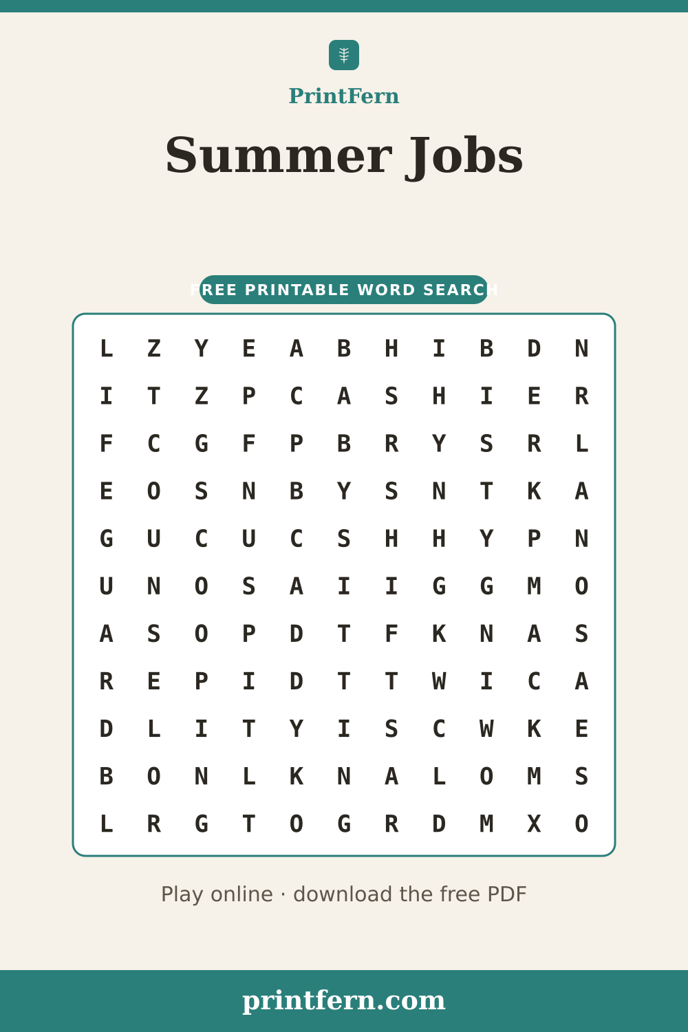 Summer Jobs Word Search, free printable PDF preview