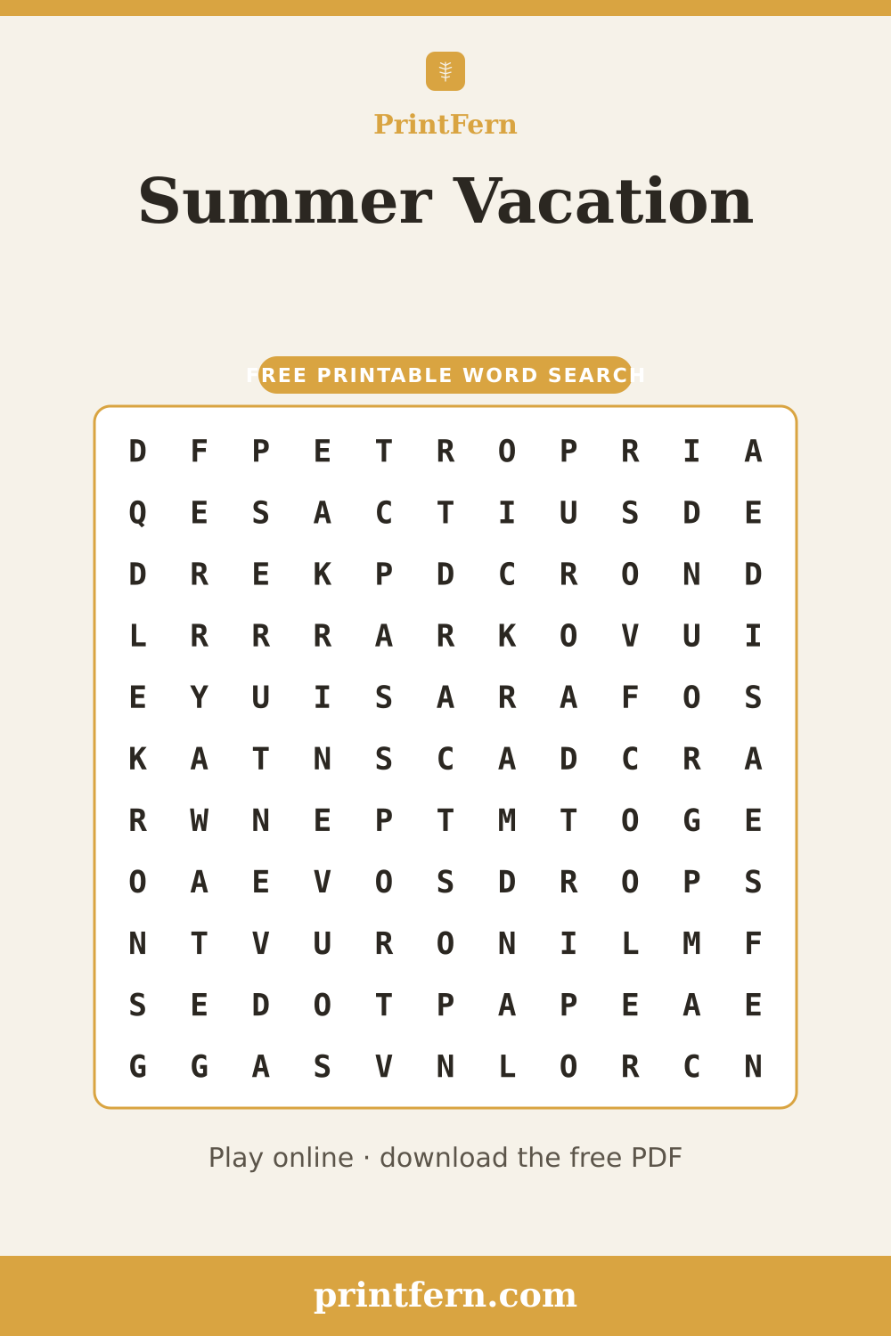 Summer Vacation Word Search, free printable PDF preview