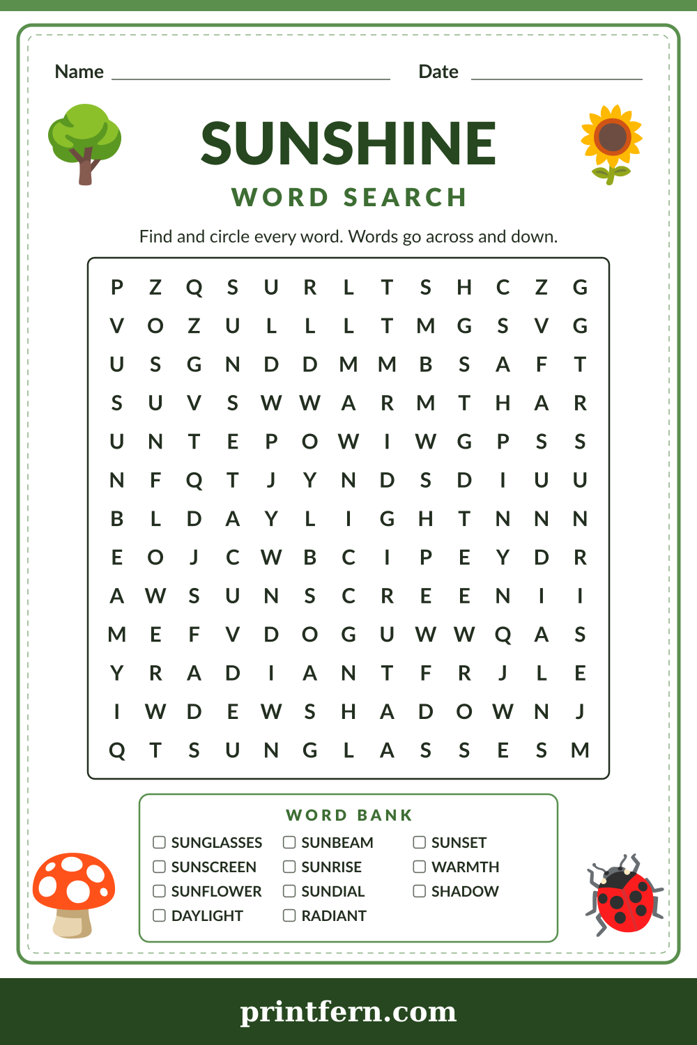 Sunshine Word Search, free printable PDF preview