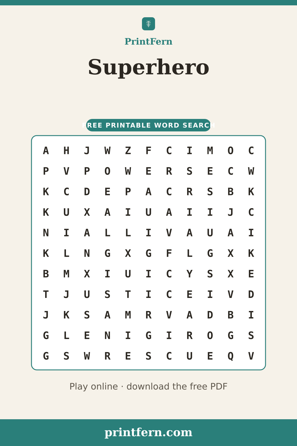 Superhero Word Search, free printable PDF preview