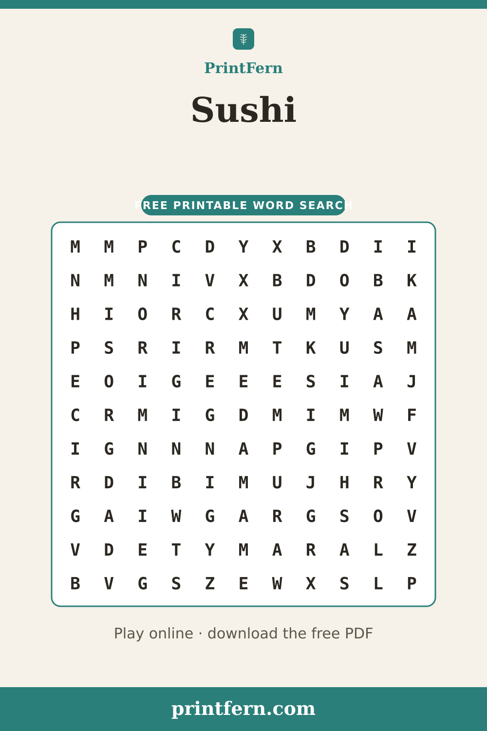 Sushi Word Search, free printable PDF preview