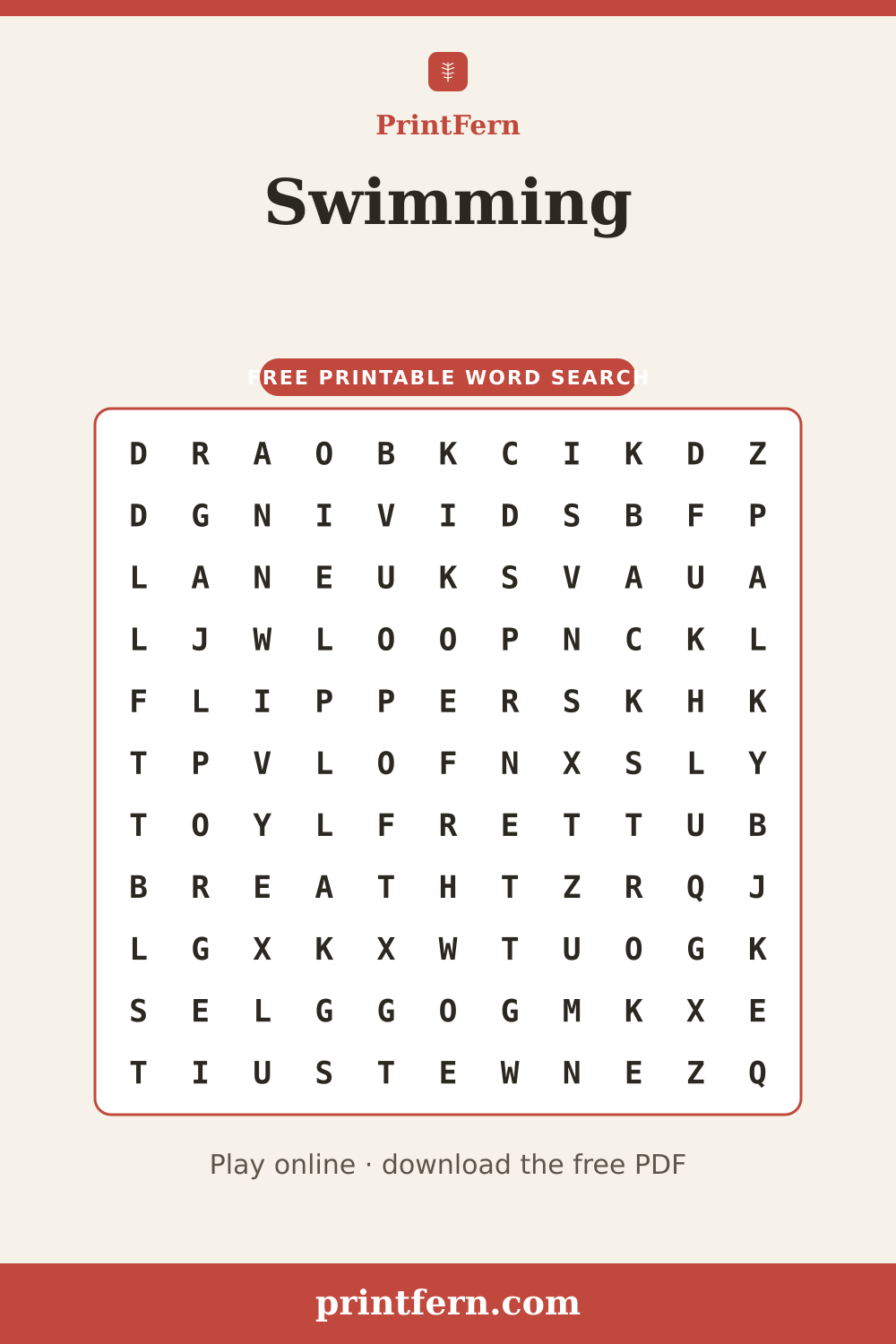 Swimming Word Search, free printable PDF preview