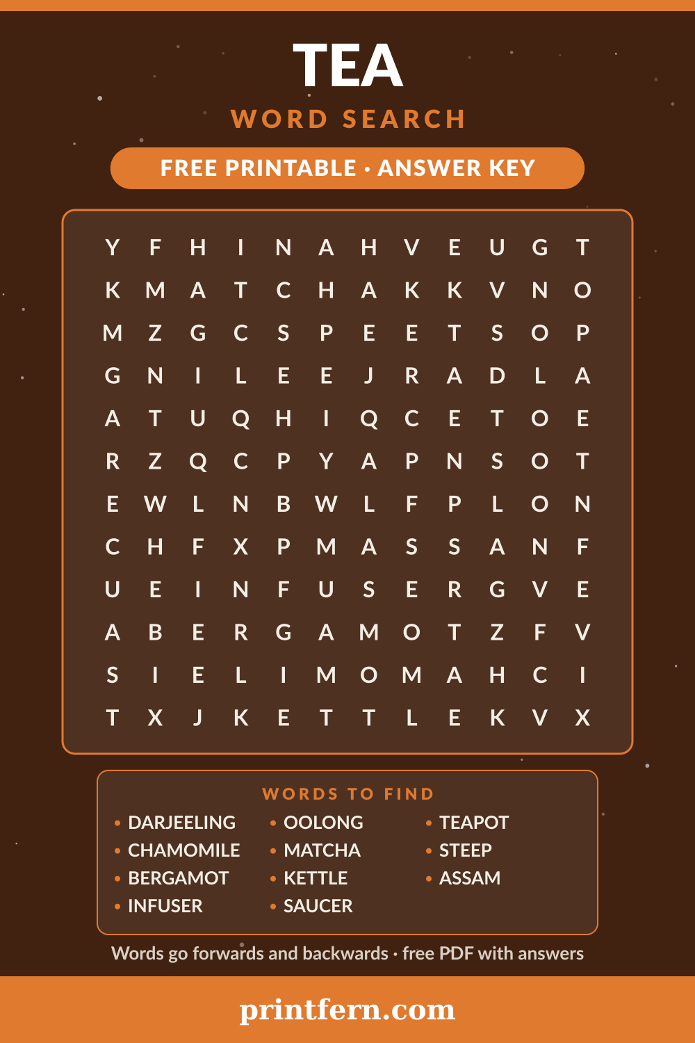 Tea Word Search, free printable PDF preview