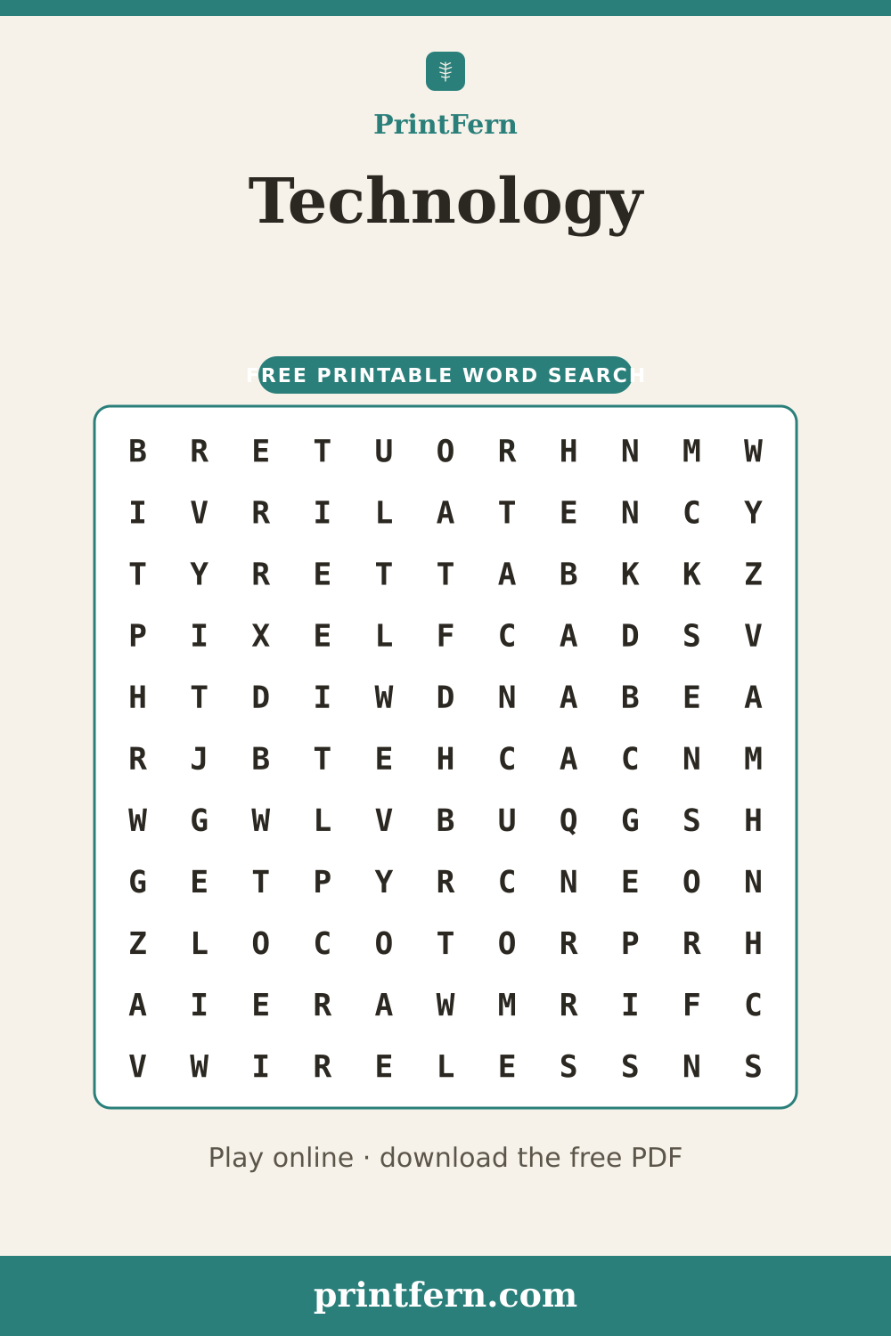 Technology Word Search, free printable PDF preview