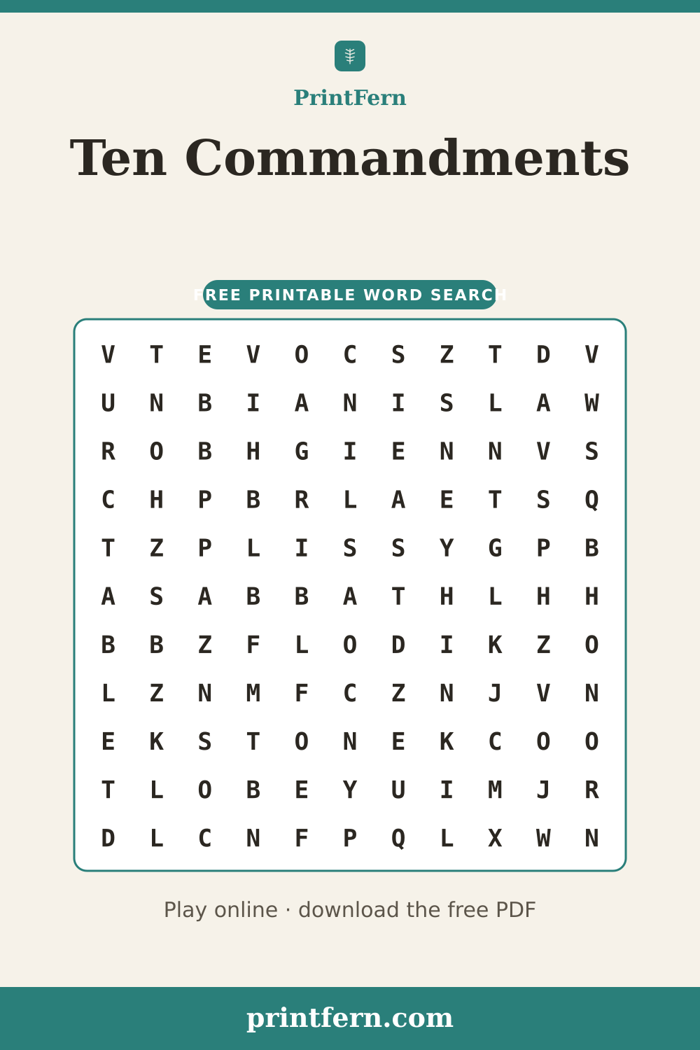 Ten Commandments Word Search, free printable PDF preview