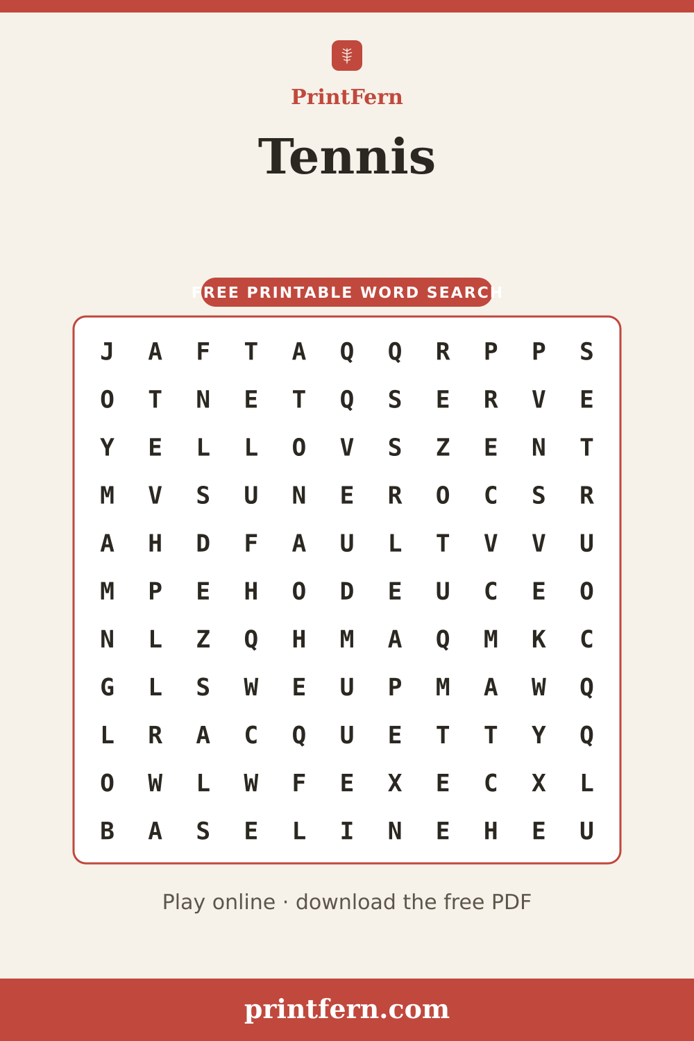 Tennis Word Search, free printable PDF preview