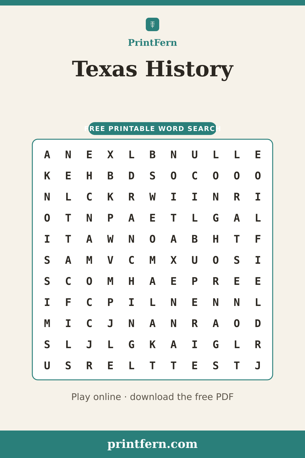 Texas History Word Search, free printable PDF preview