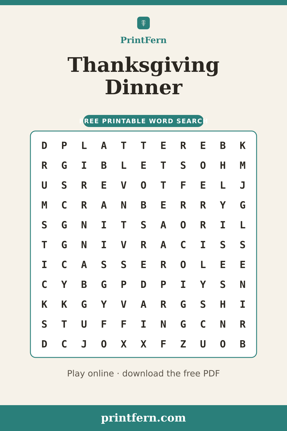 Thanksgiving Dinner Word Search, free printable PDF preview