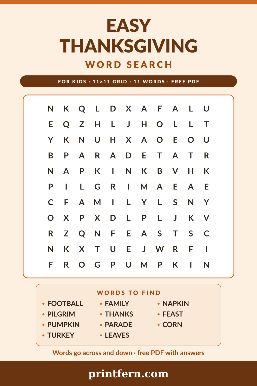 Easy Thanksgiving Word Search, free printable PDF preview