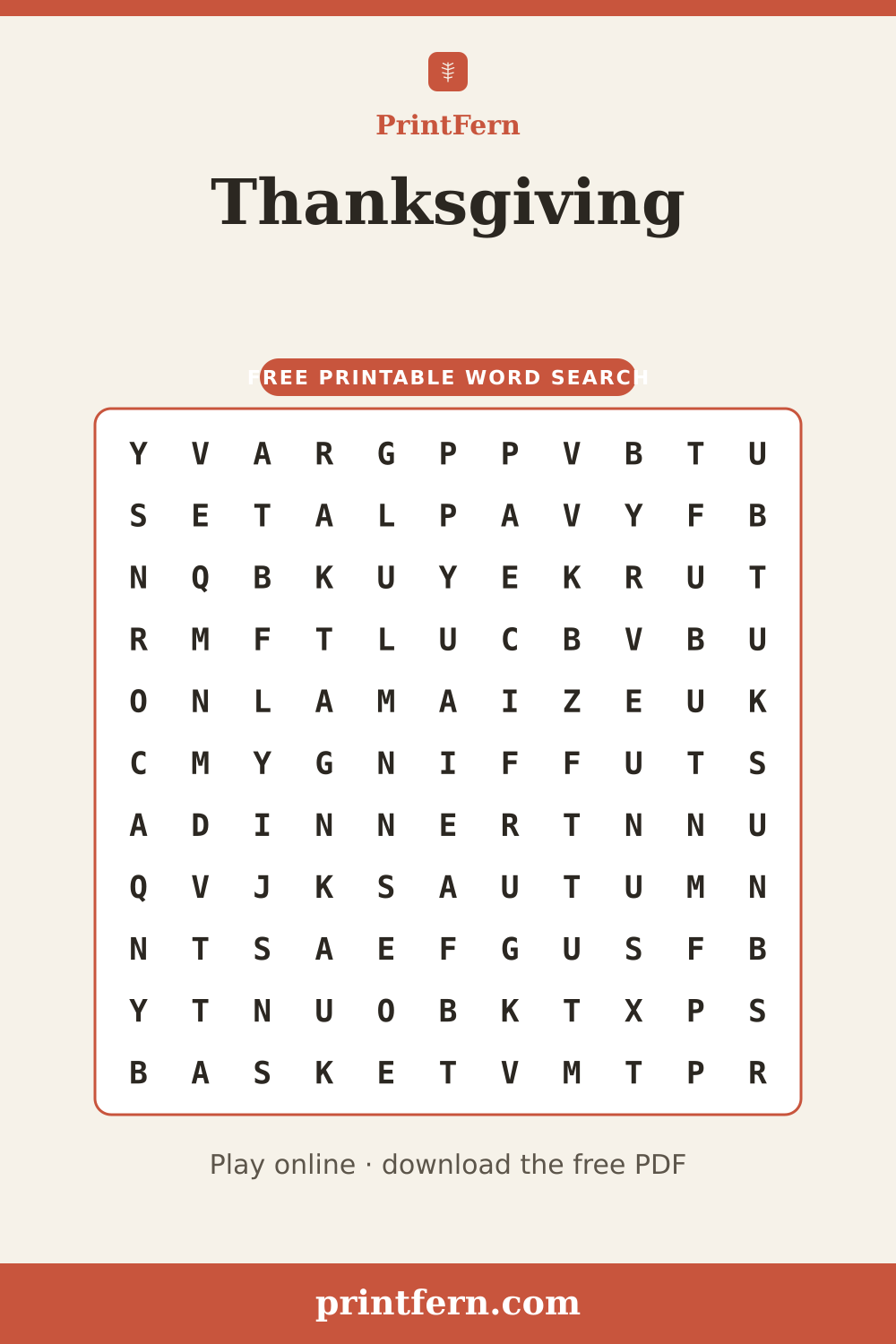 Thanksgiving Word Search, free printable PDF preview