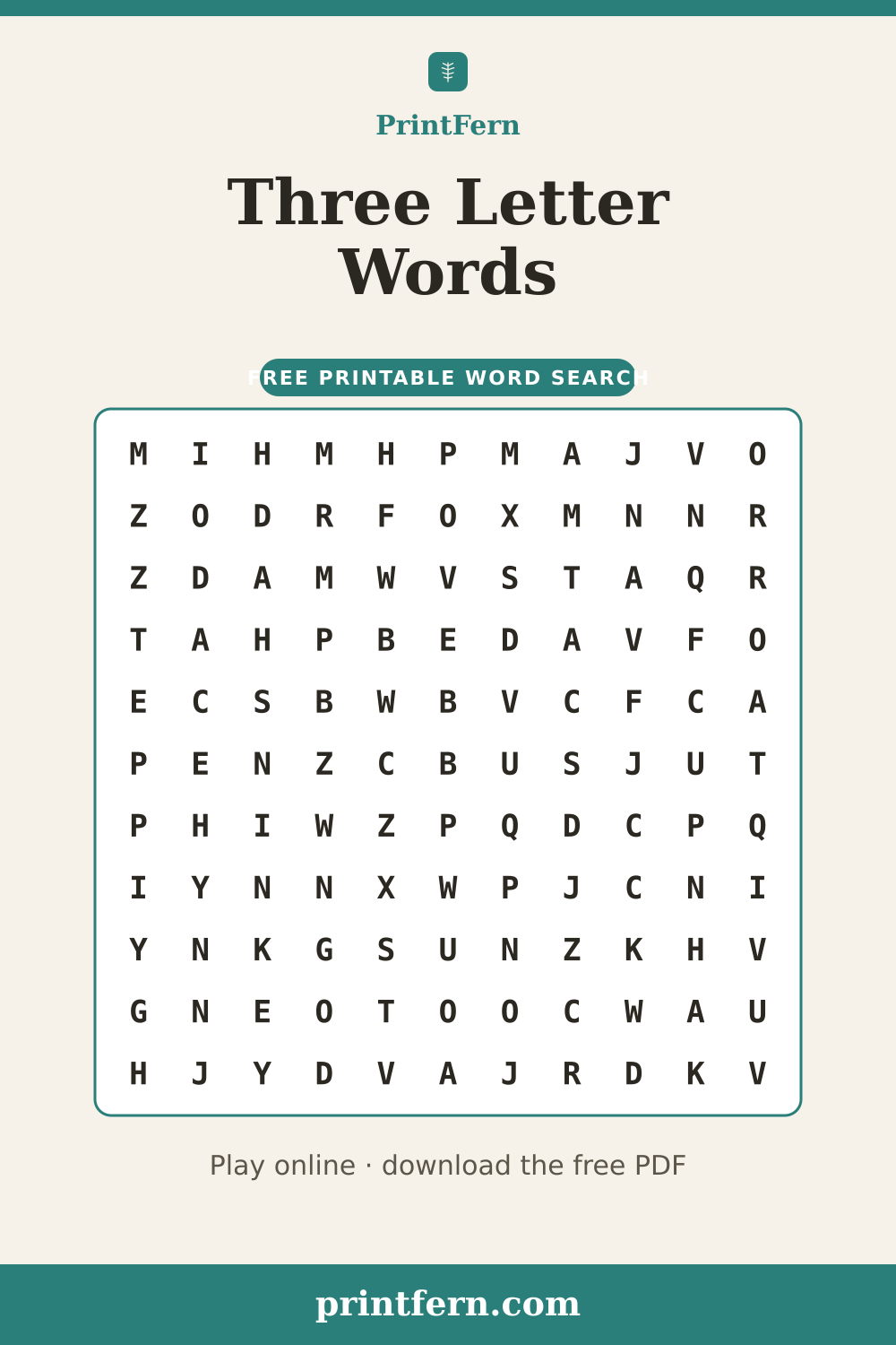 Three Letter Words Word Search, free printable PDF preview