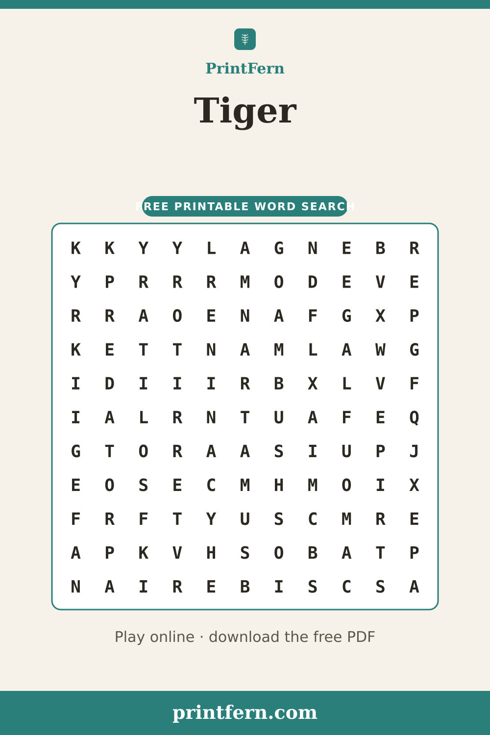 Tiger Word Search, free printable PDF preview