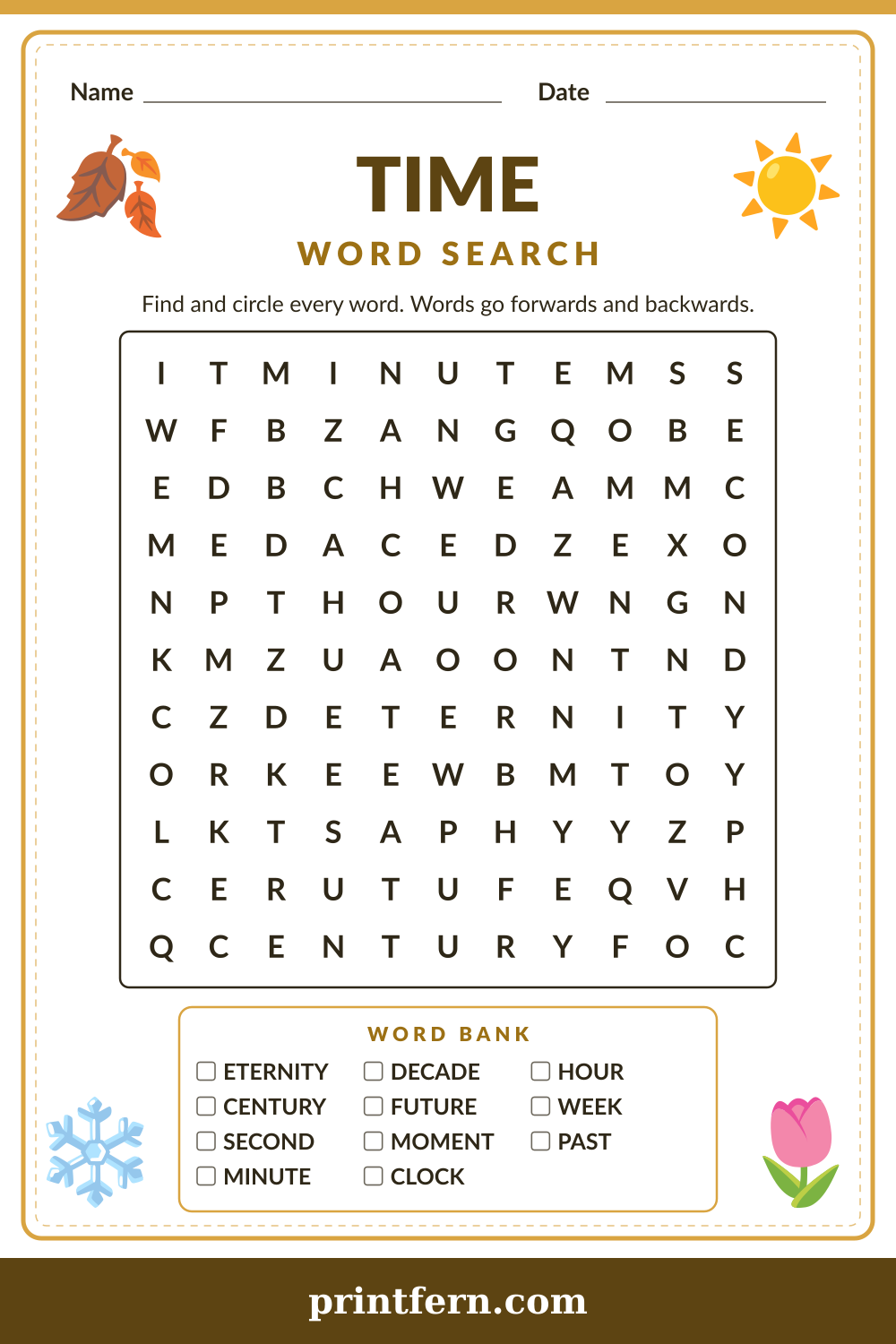 Time Word Search, free printable PDF preview
