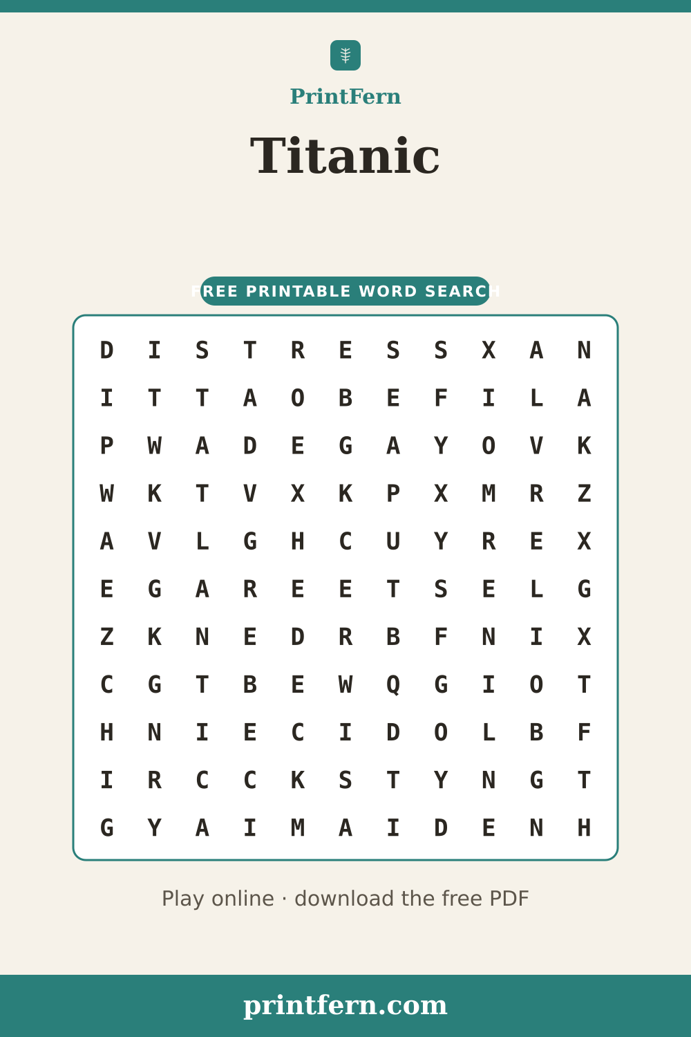 Titanic Word Search, free printable PDF preview