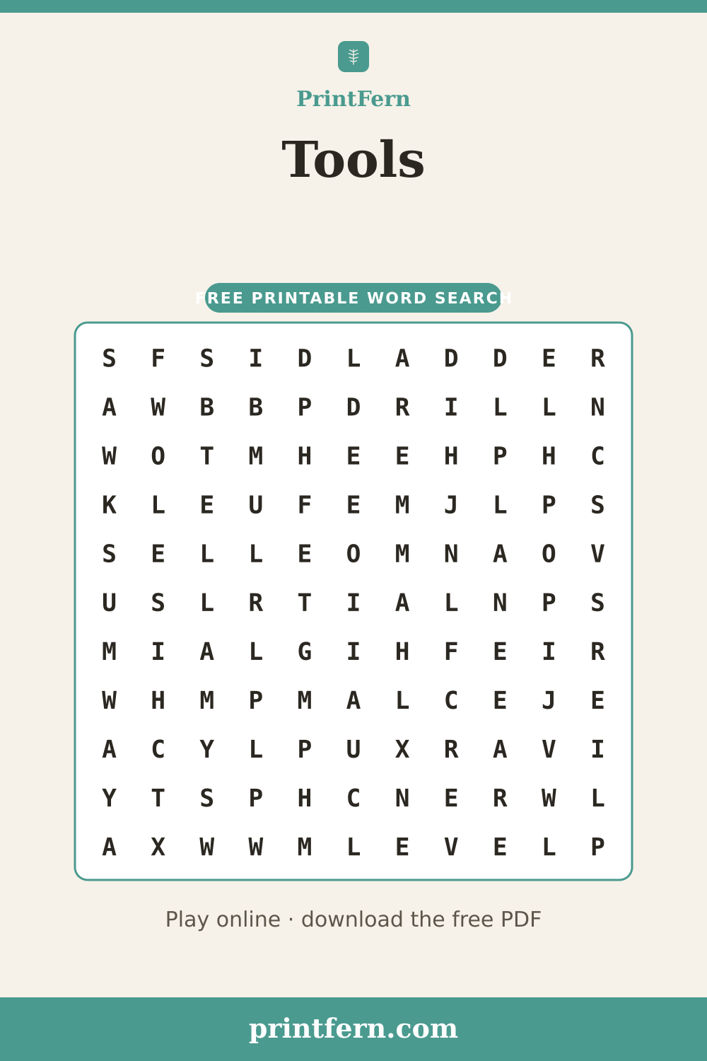 Tools Word Search, free printable PDF preview