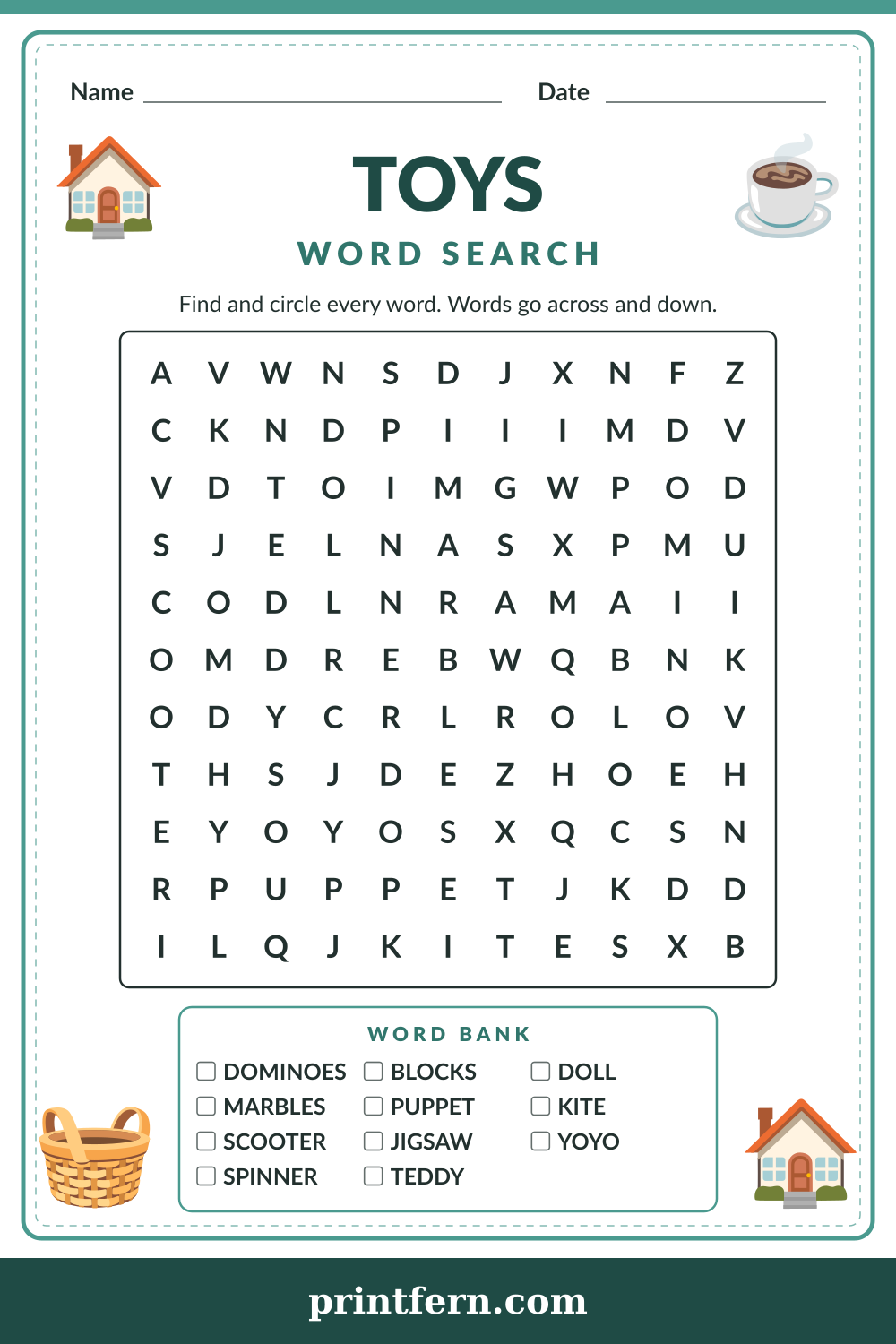 Toys Word Search, free printable PDF preview