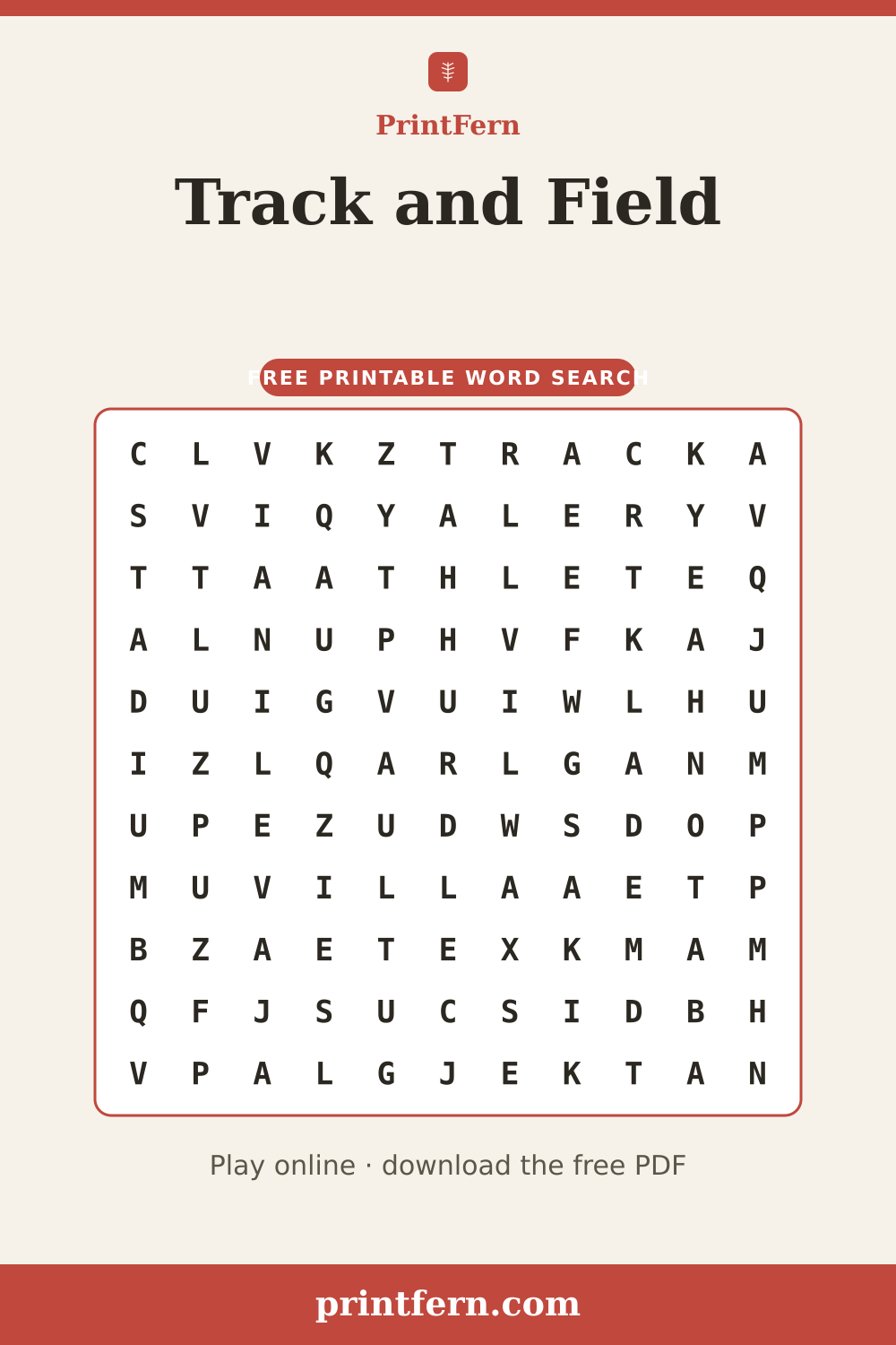 Track and Field Word Search, free printable PDF preview