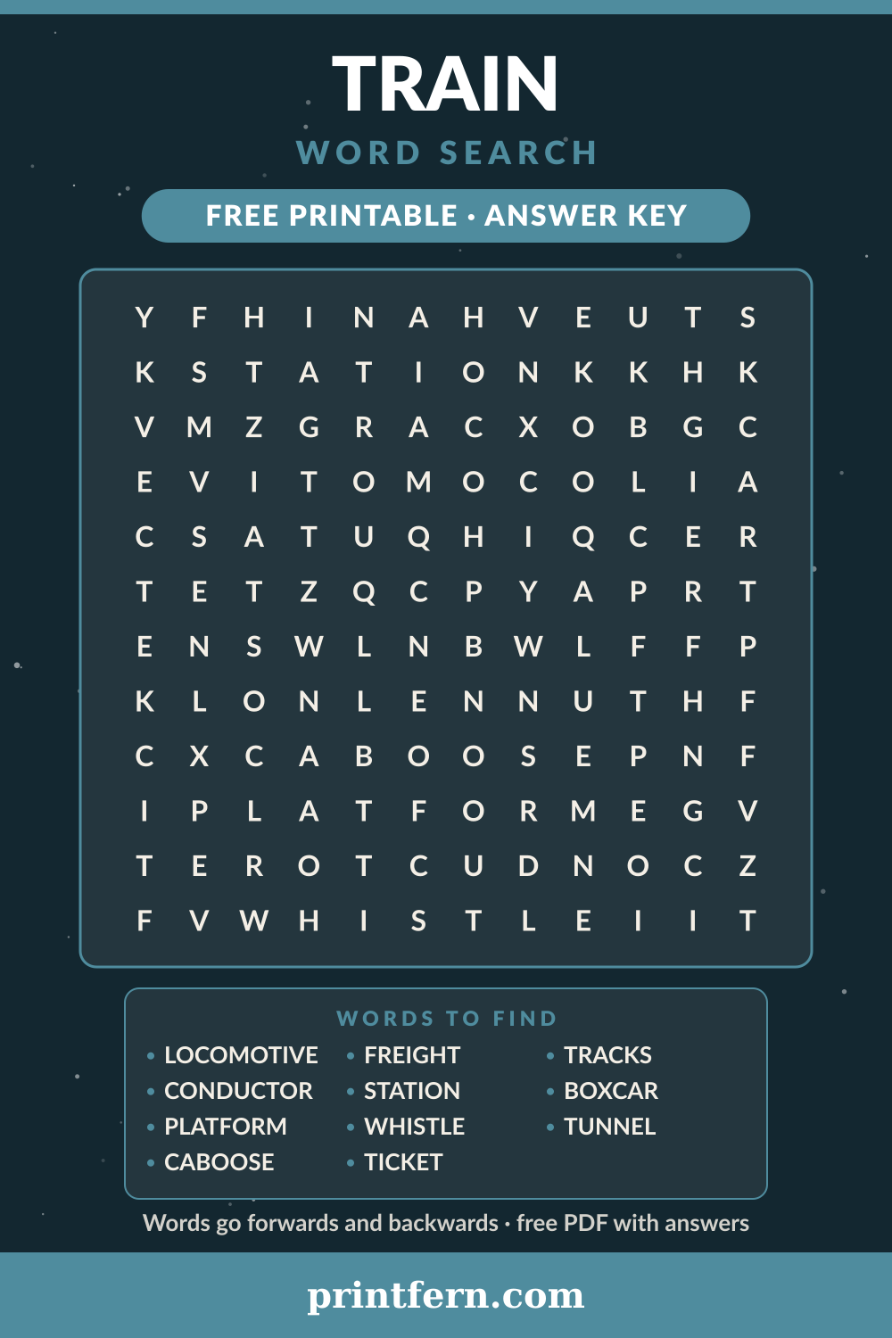 Train Word Search, free printable PDF preview