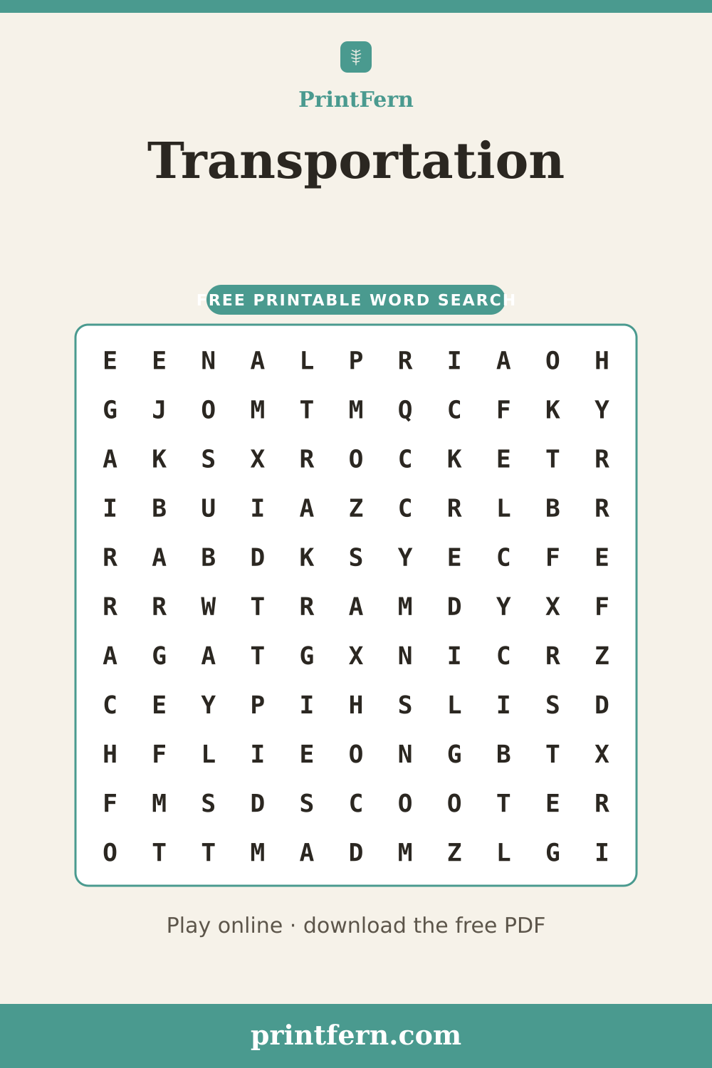 Transportation Word Search, free printable PDF preview